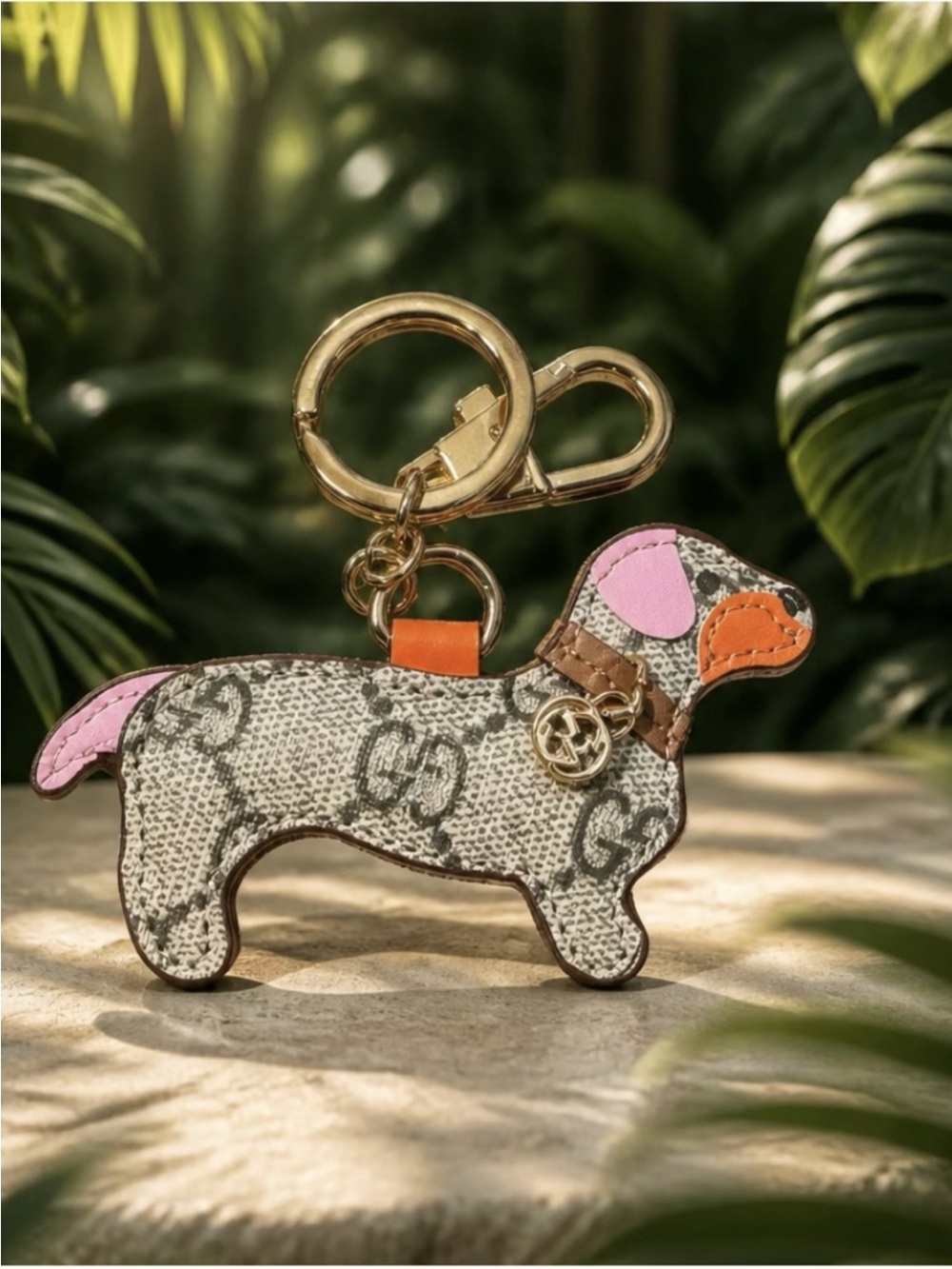 Designer Dog Keychain Charm in Beige Monogram with Pink & Orange Accents